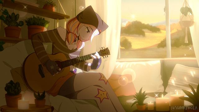 a furry girl playing a guitar. the interior is bohemian style, and theres lots of plants and greenery featured.