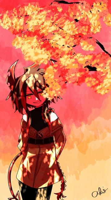 Ivlis in a sweater and black pants stood beneath a flowering tree against a sky of pinks and yellow. Filter.
