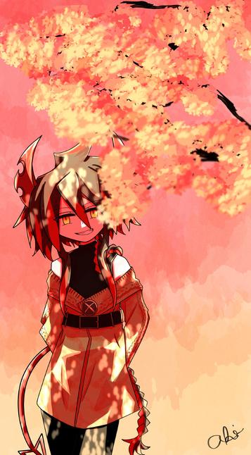 Ivlis in a sweater and black pants stood beneath a flowering tree against a sky of pinks and yellow.