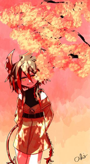Ivlis in a sweater stood beneath a flowering tree against a sky of pinks and yellow.