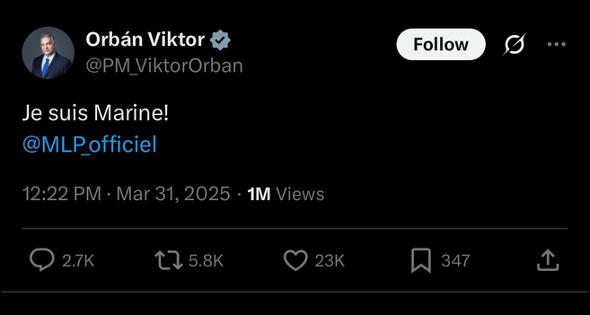 Twitter-Post von Viktor Orban, in dem er "Je suis Marine!" schreibt.