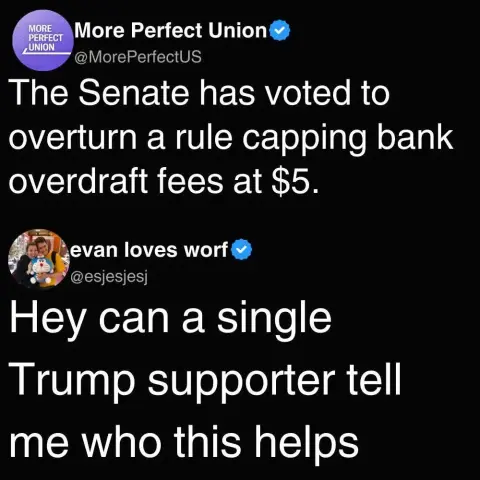 The Senate has voted to overturn a rule capping bank overdraft fees at $5.

Hey can a single Trump supporter tell me who this helps?