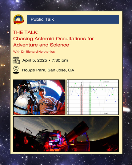 SJAA logo. Text: Public Talk. The talk: Chasing Asteroid Occultations for Adventure and Science with Dr. Richard Nolthenius, April 5, 2025, 7:30 pm, Houge Park, San Jose, CA. Picture of scientist with telescope inside. Graph of asteroid data. Picture of scientist with telescope outside.