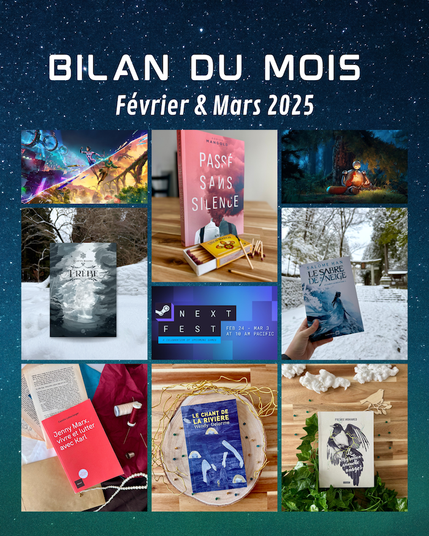 Fond étoilé avec écrit « Bilan du mois février & Mars 2025 » avec dessous les images des 6 lectures du mois, du NextFest de Steam, du film Wild robot et du jeu Split fiction.