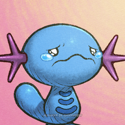Digitally-handmade fanart profile picture of a female Wooper Pokémon facing forward towards the right side of the image at a 3/4 angle with a sobbing facial expression, on a pink-to-peach gradient background.