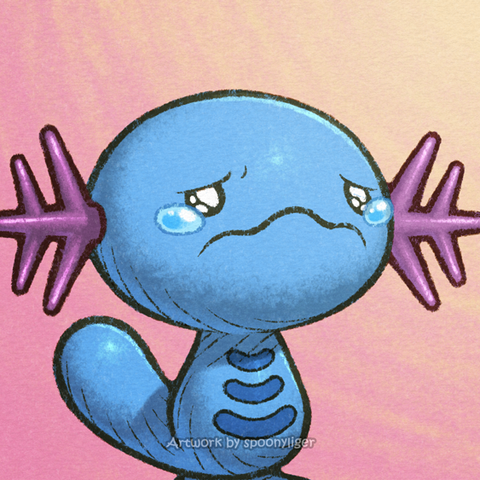 Digitally-handmade fanart profile picture of a male Wooper Pokémon facing forward towards the right side of the image at a 3/4 angle with a sobbing facial expression, on a pink-to-peach gradient background.