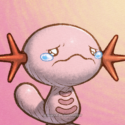 Digitally-handmade fanart profile picture of a shiny female Wooper Pokémon facing forward towards the right side of the image at a 3/4 angle with a sobbing facial expression, on a pink-to-peach gradient background.