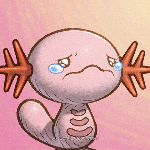 Digitally-handmade fanart profile picture of a shiny male Wooper Pokémon facing forward towards the right side of the image at a 3/4 angle with a sobbing facial expression, on a pink-to-peach gradient background.