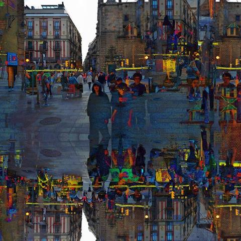 Barcelona digital edited layered/mirrored triple exposure raw street photography, made with the GNU Image Manipulation Program and Gwenview.