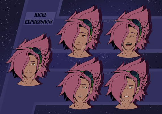 A man with pink hair and green and blue goggles. There are five variations of his expressions pictured including happy, laughing, thinking, and worried. The background has a blue stripe and stars behind it.