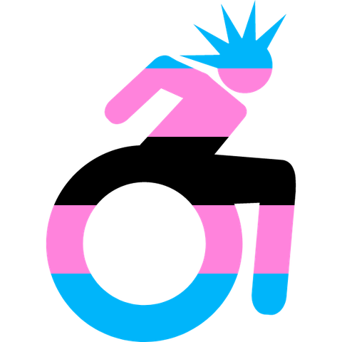 simple icon of a person with a spiked cresta and in a wheelchair actively pushing themselves in the Black Trans Pride Colors: light blue, pink, black, pink, and light blue