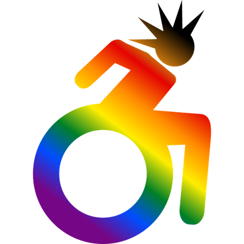 simple icon of a person with a spiked cresta and in a wheelchair actively pushing themselves in a philly pride gradient of black, brown, red, orange, yellow, green, blue, and purple