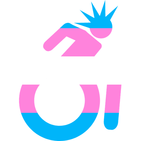 simple icon of a person with a spiked cresta and in a wheelchair actively pushing themselves in trans pride colors: light blue, pink, white, pink, and light blue