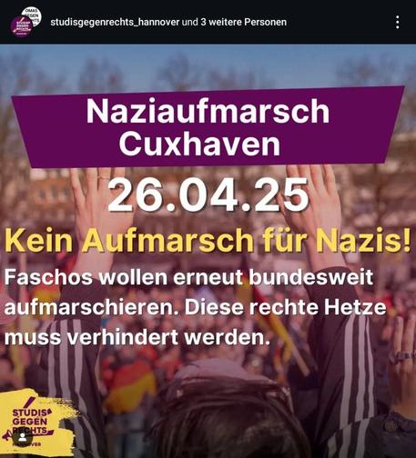 Naziaufmarsch Cuxhaven.
26.04.2025
Kein Aufmarsch für Nazis!