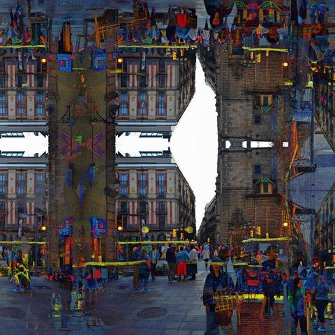 Barcelona digital edited layered/mirrored triple exposure raw street photography, made with the GNU Image Manipulation Program and Gwenview.