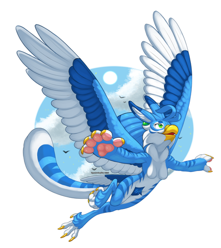 An illustration of an anthro blue female gryphon flying against a backdrop of a blue sky, with her arms out to her sides as she looks upward with an expression full of wonder. Art by Dynamo-Deepblue.
