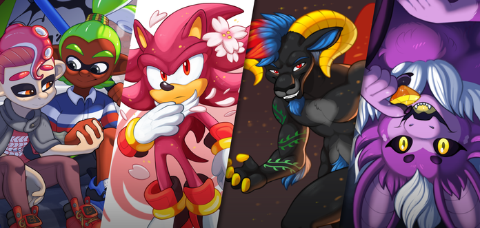 A graphic showing four illustrations by Dynamo-Deepblue, each cropped inside a trapezoid shape. 

From left to right: 
- Agent 3 and Agent 8 (Splatoon) sitting under an umbrella in the rain holding hands
- Shadow the Hedgehog with pink fur and cherry blossoms
- A male anthro demon ram stepping out of a fiery portal with a sinister grin
- A portrait of a purple bat-dragon hanging upside down and holding a gem