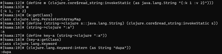 A Kawa REPL invoking Clojure functions/methods.
The first trick was the discovery of "clojure.core$read_string" object with its "invokeStatic" method, which allows to read Clojure objects to Kawa simply as Java objects, which in turn allows to conveniently discover their types.
