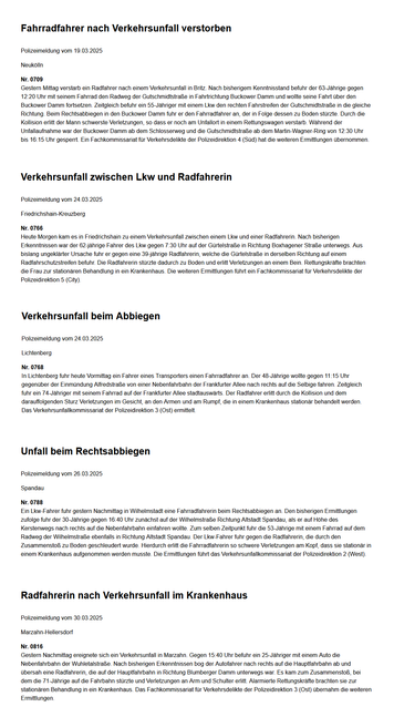 5 Screenshots von Unfallmeldungen der Polizei Berlin in einem Bild übereinander montiert. Alle zu Unfällen von Radfahrenden mit rechtsabbiegenden PKW- und LKW-Fahrenden, wovon beim obersten der Radfahrer verstorben ist.