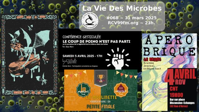 Annonce de La Vie Des Microbes #068, avec 4 flyers :
- Utopie + Bemnoz + Bière Sociale + Shart Division @ CCL le 04.04 
- conf gesticulée "le Coup de poing n'est pas parti" @ Moulinette le 05.04 
- apéro Brique @ CNT le 04.04 
- petite finale LILA @ Moulinette le 04.04
