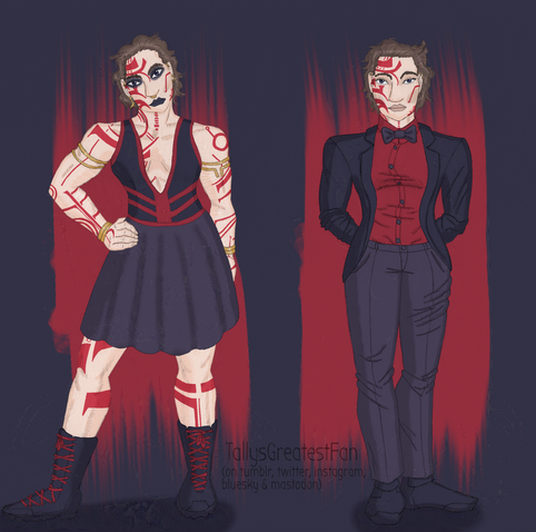 ID: Digitally colorized pencil drawing. Tally, a heavily tattooed, muscular, sharp faced white woman, wearing a futuristic dress along with combat boots on the left and a suit on the right