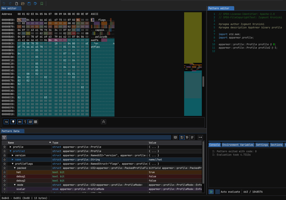 Screenshot of the ImHex hex editor showing a binary profile containing two separate profiles - one regular and one "hat" profile that applications can explicitly switch to at runtime.