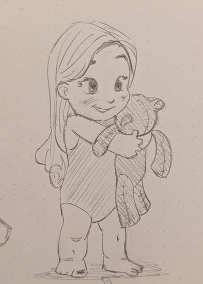 sketch of toddler girl holding a teddy bear