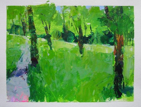 Original 9x12 acrylic painting on paper of a path through green trees by Janet Dyer

Note: Discounts and sales do not apply to original artwork.