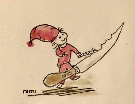 Zeichnung aquarelliert Cartoonart. Ein kleiner HeinzelWicht, mit roter Zipfelmütze und Anzug, hält eine Feile/ Wetzstein in der linken Hand. Mit dieser schärft es an einem quer liegenden, großen Messer, eine „Welle“ des Wellenschliffs.