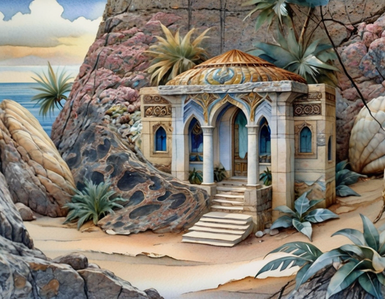 At the foot of the steep granite slope of a volcano sits an ancient stone temple covered with elaborate decorative carvings. A patterned outcrop of cooled lava rock wraps around it on the left, flowing nearly to its steps.