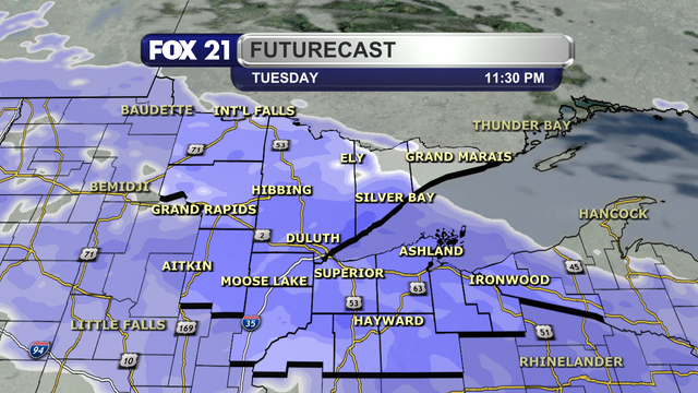 The first half of this storm system will see snow showers throughout the Northland Tuesday night.  They will be widespread with heavy snowfall rates of up to 1-inch per hour likely in spots.