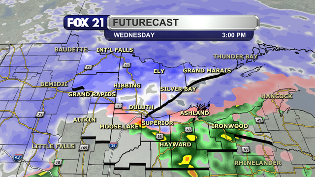 Due to the low's possible path through the Northland, the Minnesota side of the Northland will see snow showers persist Wednesday.  Northwest Wisconsin and the Upper Peninsula will see sleet, freezing rain, and rain mix in with the snow showers.  That will limit snowfall totals in this region, but also increase the chance for possible minor icing on surfaces.