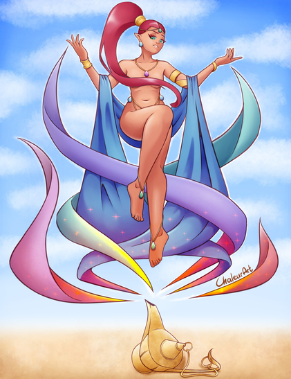 Digital drawing of a female djinn coming out of an oil lamp. She has tanned skin, teal eyes and red hair in a long ponytail, covering her torso. She has gold bracelets on her wrists and her left arm, and jewels on her forehead, around her neck, hips and ankles. She is floating, a long blue cloth hanging from her elbows, other pieces of teal, purple and red clothes twisting around it. Blue sky with clouds, sandy ground.