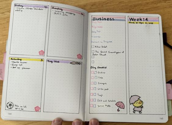 2 pages with one side holding 5 boxes for current projects, area radar, groceries, currently reading, and currently playing with umbrella stickers to accent and a habit table. The other page has Monday through Thursday including an April Fool's Day sticker on Tuesday