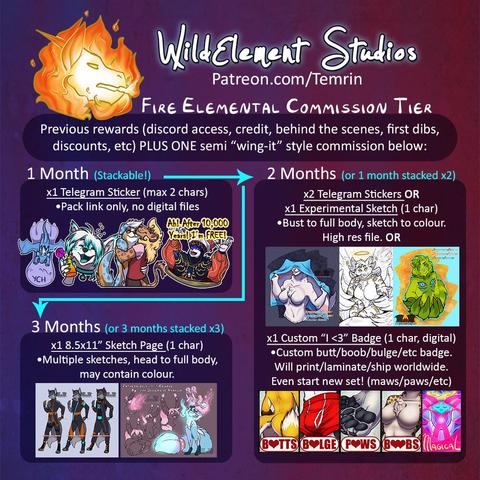 "A flow showing how you can use your Fire Elemental Commission Tier payments over on Patreon. On Patreon you can get SFW or NSFW items, on Kofi's membership of this offering, it is SFW only! You get a monthly priority wing-it commission slot per month, with the option of stacking your monthly payments over time to get bigger art pieces! 1 month ($30 USD) you can get 1 telegram sticker, up to 2 characters. 2 Months ($60 USD) you have access to 2 telegram stickers OR 1 experimental sketch OR the only place to get custom ""I Heart"" badges which can feature various SFW body parts. For 3 months ($90 USD) you can get a selection of the previous OR a character sketch page of 1 character which will have multiple sketches, head to full body, and may contain colour or can be used for clothing or feature designs for a character you already have."