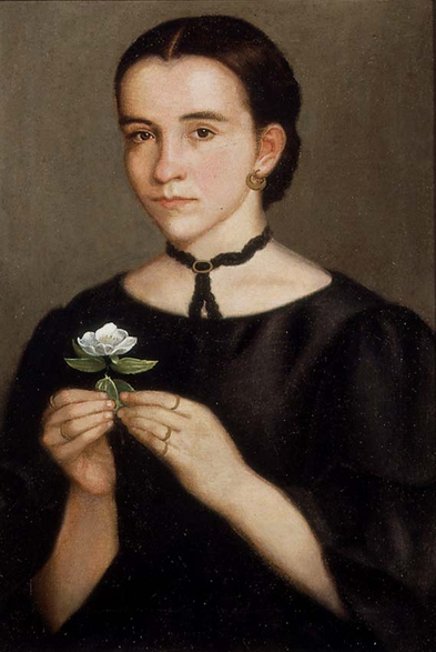 A Realist portrait. A young woman in a black dress looks at us fairly solemnly, but her expression seems to have hints of a smile ready to emerge. Her dark hair is pulled back and coiled in a bun in back. She wears earrings, a necklace that appears to be a black ribbon held with an oval clasp, and several plain rings; she gently holds a magnolia blossom in both hands.