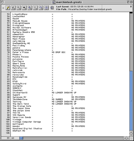 Photo of a BBEdit text document showing which GlobalTalk shares and printers I've been in contact with. Second page.