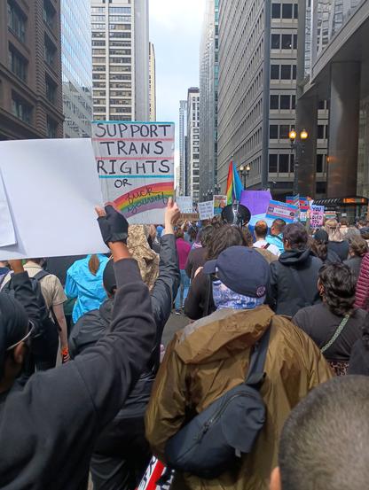 photo from the perspective of the middle of a huge crowd of trans rights protesters marching north on Dearborne in Chicago