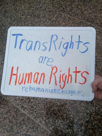 a rain-spotted whiteboard that says, "Trans Rights are Human Rights"