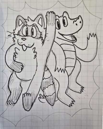 A drawing on grid paper of a raccoon and his crocodile friend. They're buddies