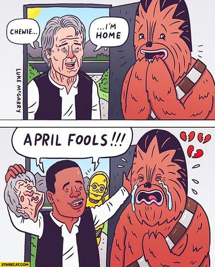 Chewbacca being pranked by FInn. Finn is wearing a Han Solo mask, however Han Solo died in a previous movie.