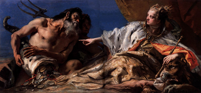 The image depicts an 18th century painting featuring two central figures. On the left, the  muscular, bearded figure of Neptune  with a trident on his back is emptying a cornucopia like shell overflowing with coins. He is shirtless, with a stern expression, and his body is partially turned towards a  female figure on the right who personifies Venice. Adorned with a crown  and  a luxurious  ermine robe with an orange lining,  Venice is pointing at Neptune, indicating a moment of interaction. She is seated on a richly draped fabric adding to the regal atmosphere. The background is a deep blue, enhancing the dramatic effect of the scene. The painting is rich in detail, with a focus on the textures of the clothing and the coins, and the interplay of light and shadow adds depth to the composition.