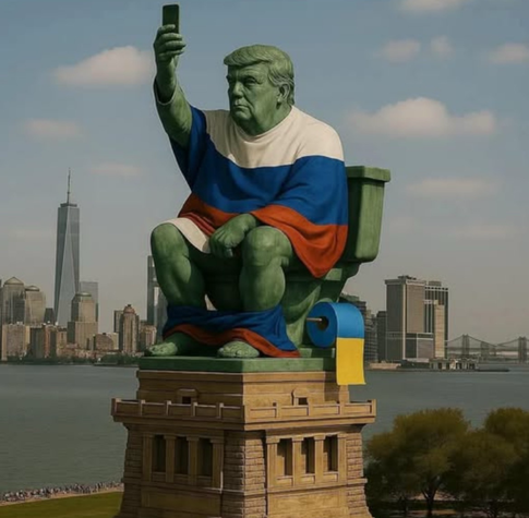 Freuheitsstatue in New York: Trump sitzt in einem Stuhl (sieht aus wie ein Klo) und winkt - eingehüllt in die Flagge Russlands. Dahinter als Handtuch sozusagen, die ukrainische Flagge . #Aprilscherz