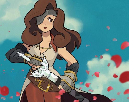 anime styled drawing of final fantasy 9 beatrix drawing her sword in front of billowing clouds. rose petals are swirling around her in the wind.