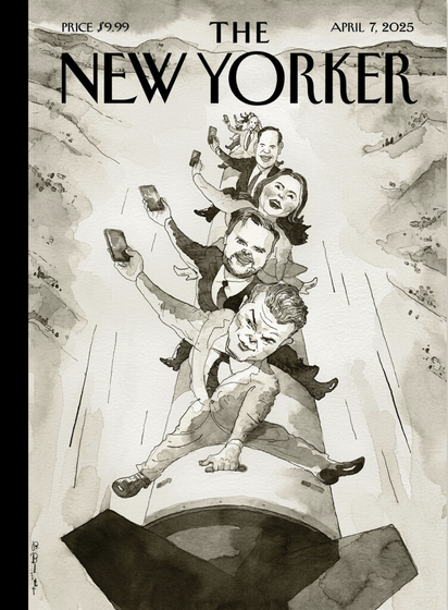 For the cover of the April 7, 2025, issue, the cartoonist Barry Blitt borrows the visual imagery of Stanley Kubrick’s 1964 film, “Dr. Strangelove or: How I Learned to Stop Worrying and Love the Bomb,” to convey the sense of impending doom that seizes anyone who turns on the news lately.

In this version, the scene has an endless line of Trump administration public servants riding the bomb, with Pete Hegseth and J.D. Vance first. All of them are waving smartphones instead of cowboy hats.