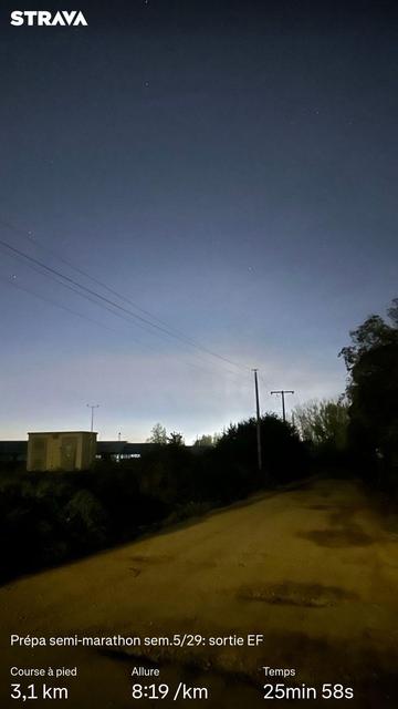 Chemin de terre bordé par des arbres et des bâtiments industriels un peu avant le levé du soleil.
