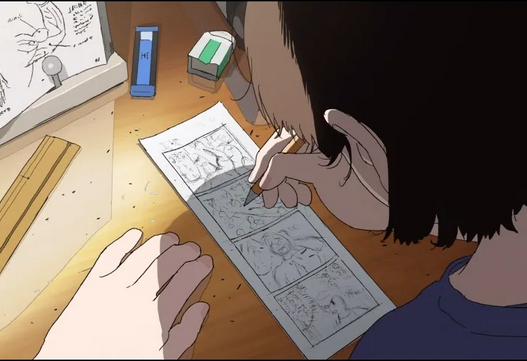 aperçu du film d'animation sur lequel on voit l'une des héroïnes, de dos,  dessiner dans des cases de manga