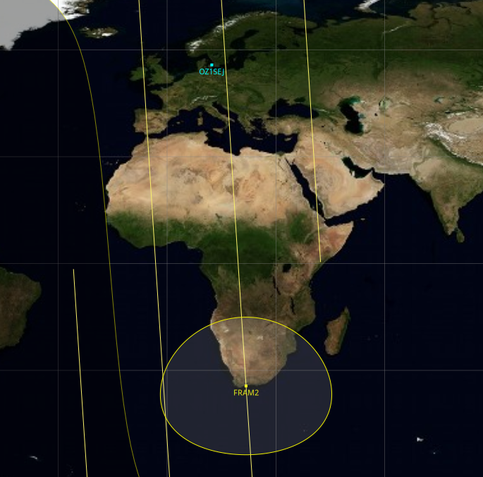 Map of Europe with the path of the Fram2 spacecraft plotted in.