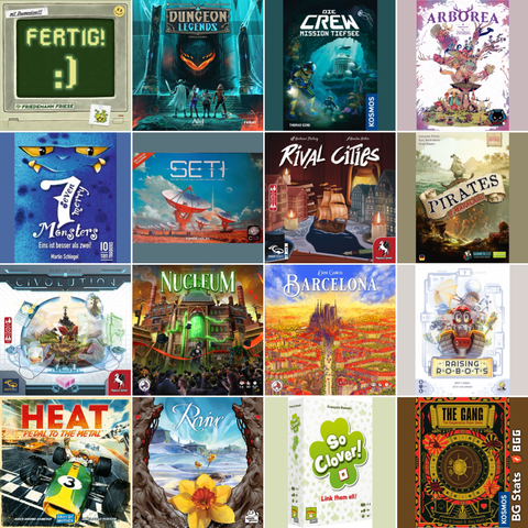 BG Stats 4 x 4.
Fertig!;
Dungeon Legends;
Die Crew: Mission Tiefsee;
Arborea;
Seven Merry Monsters;
SETI: Auf der Suche nach außerirdischem Leben;
Rival Cities;
Pirates of Maracaibo;
Civolution;
Nukleum;
Barcelona;
Raising Robots;
Heat: Pedal to the Metal;
Revive;
So Kleever!;
The Gang.