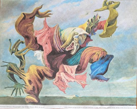 Ein phantastisches Bild einer Kreatur, die einen Vogelkopf hat und zu schreien scheint. Arme und Beine sind verzerrt und fuchteln herum.
Unterschrift: Vereint Ernsts Hausengel das Böse dieser Zeit in sich?

Der Maler heißt Max Ernst, das Bild "Der Hausengel".